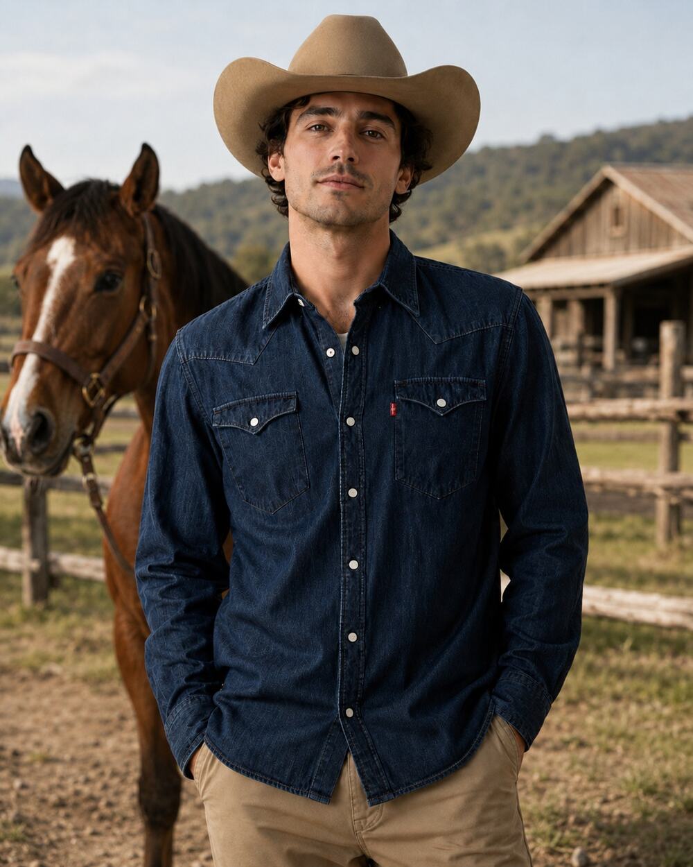 Levi’s Men’s Small Western Denim Shirt Dark Blue - Pearl Snap 65816-0005